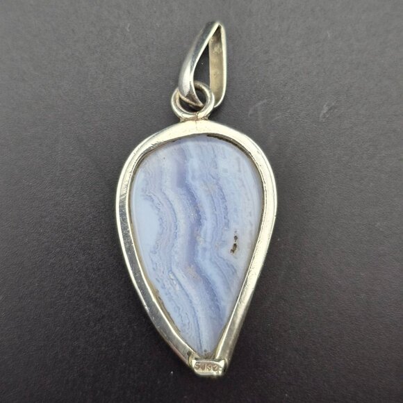 Blue Lace Agate Teardrop Pendant In 925 Sterling Silver Artisan Design 2 Inches - Picture 5 of 9
